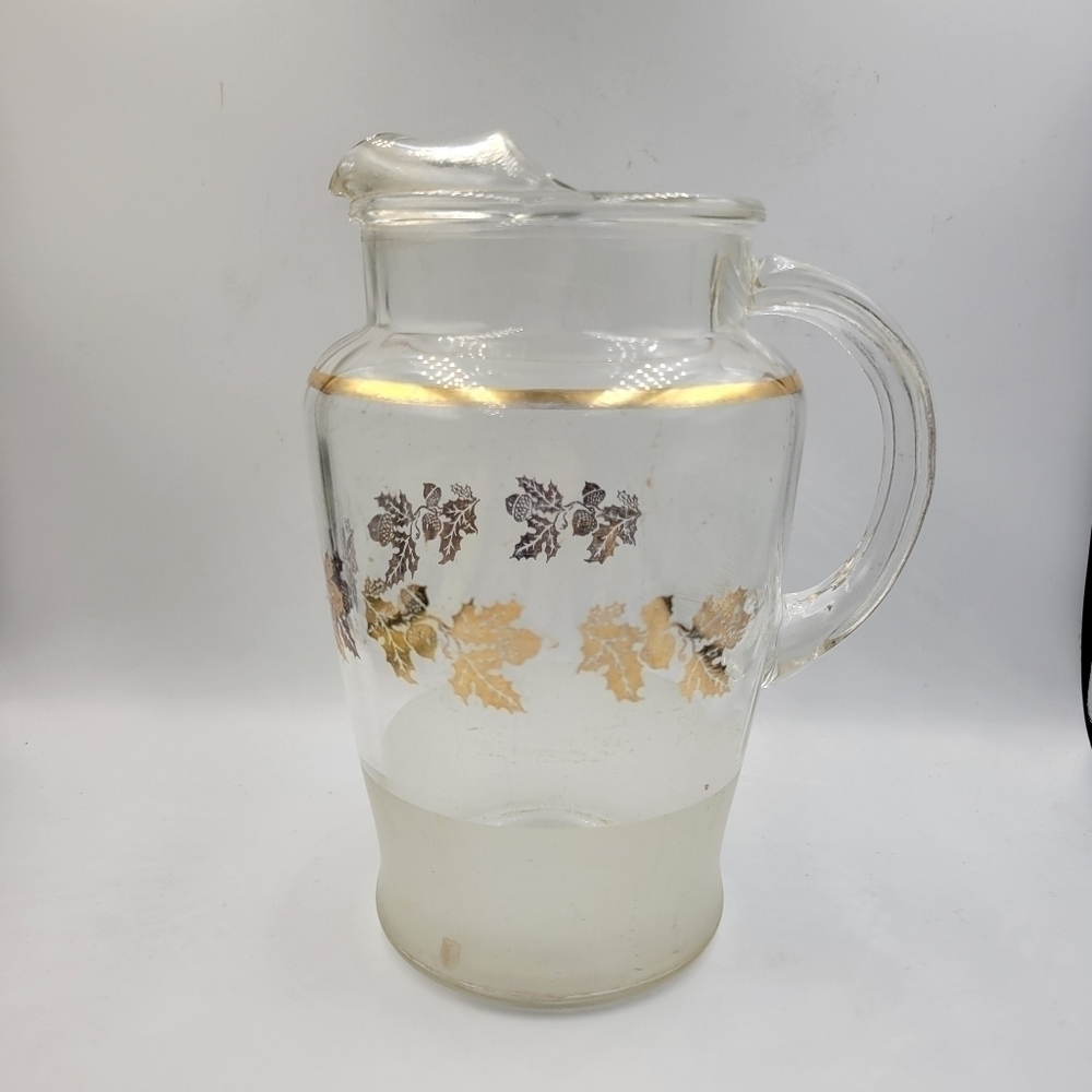 Vintage Mid Century Modern Clear Glass Vase with Golden Leaves